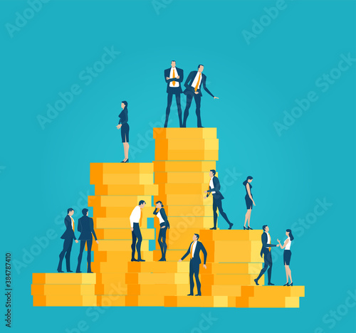 Successful businessman, banker stands on top stack of coins, showing profit and  looking for new investments, start up. Key to success. Business concept in flat design style illustration.