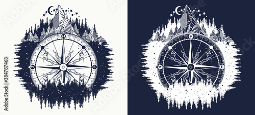 Mountain and compass tattoo art. Adventure, travel, outdoor symbol. T-shirt design. Black and white vector graphics