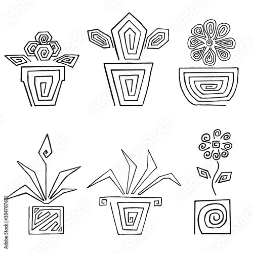 Set of flower doodles. Simplified concept of home plants in pots. Texture for design printing. Icons for web design