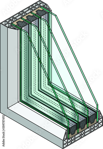 Cross-section diagram of a quadruple glazed window.