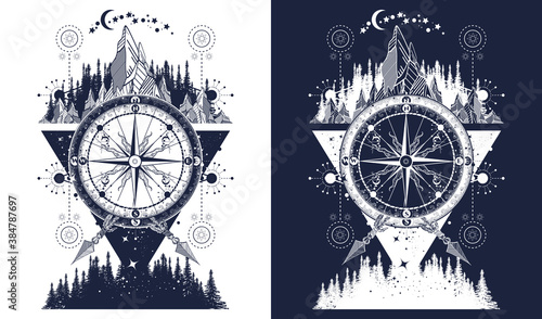 Mountains and antique compass tattoo art. Adventure, travel, outdoors symbol. Black and white vector graphics
