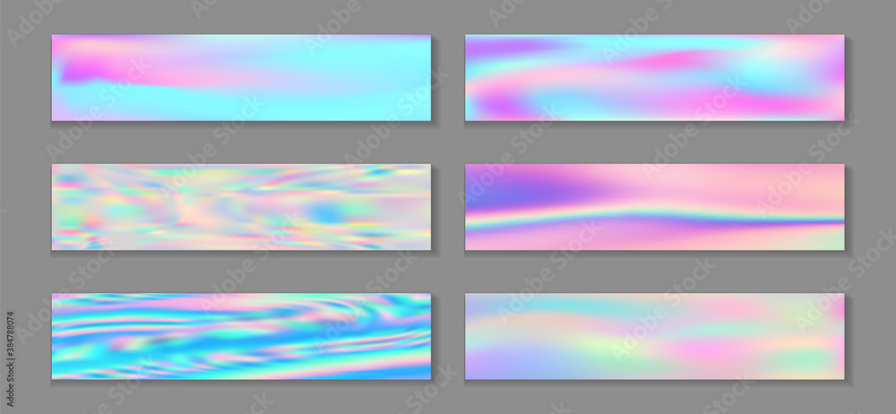 Fototapeta premium Holographic vibrant banner horizontal fluid gradient unicorn backgrounds vector set. Foil hologram