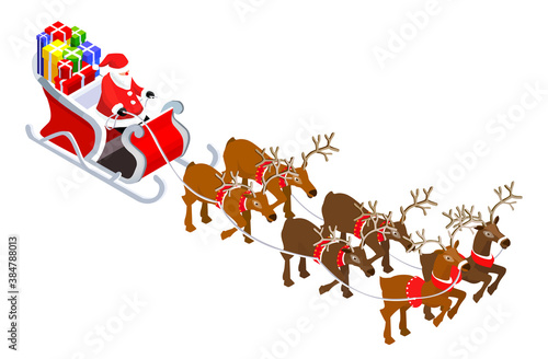 Isometric Santa Claus Grandfather Frost on Sleigh Reindeer with lots of  Gifts.New Year, Christmas concept Flat Design Icon 