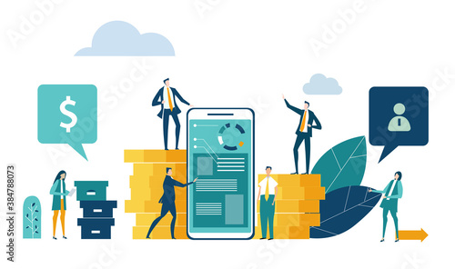 Application developing team works. Workspace with business people sitting by desk, working together, discussing, negotiating the deal, solving problems. Contemporary management concept business.