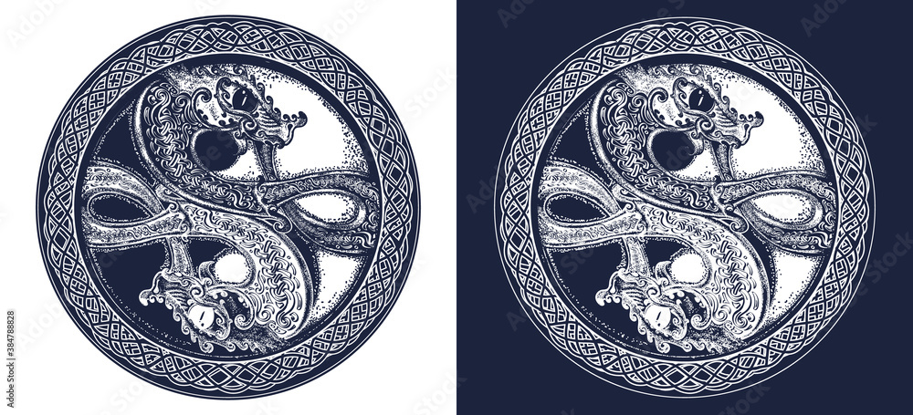 Two dragons tattoo and t-shirt design. Meditation, philosophy, harmony symbol. Black and white vector graphics Two dragons tattoo and t-shirt design. Meditation, philosophy, harmony symbol. Black and white vector graphics
