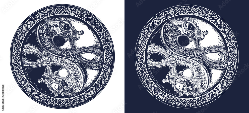 Two dragons tattoo and t-shirt design. Meditation, philosophy, harmony symbol. Black and white vector graphics