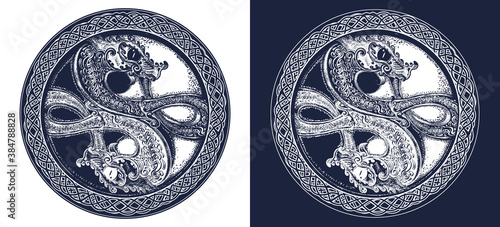 Two dragons tattoo and t-shirt design. Meditation, philosophy, harmony symbol. Black and white vector graphics