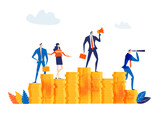 Successful businessman, banker stands on top stack of coins, showing profit and  looking for new investments, start up. Key to success. Business concept in flat design style illustration.