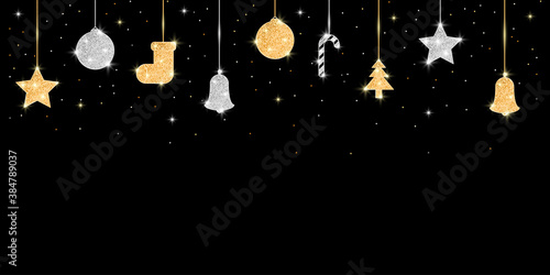 Christmas and New Year banner with glitter golden and silver decoration. Holiday background with hanging glitter covered balls. Template for greeting card and poster. Vector.