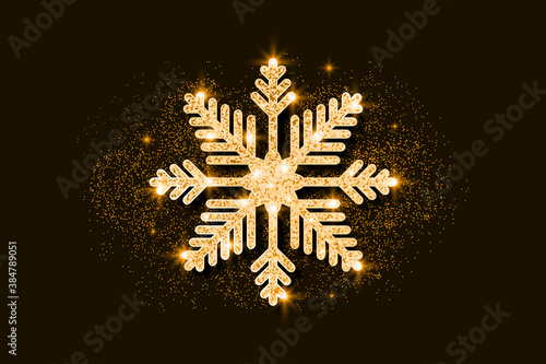 Gold glitter snowflake. Golden glittering Christmas decoration. Bright glitters covered snowflake. Vector.