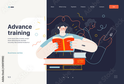 Business topics - advance training, education, skill development, web template. Flat style modern outlined vector concept illustration. Man and woman reading books. Business metaphor.