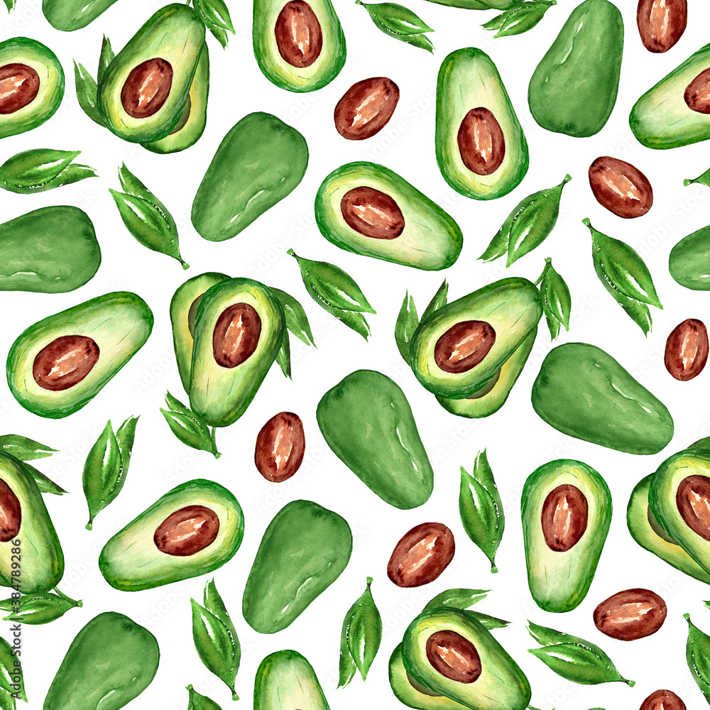 Watercolor seamless pattern of green fruit of ripe avocado, half avocado, avocado bone, whole fruit of ripe avocado. Suitable for digital printing, postcards, invitations, notebooks and textiles