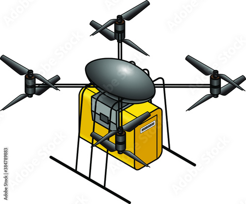 A toy remote control octocopter delivery drone, with a yellow package.