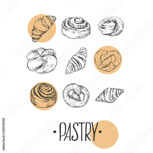 Set of hand drawn vector illustration of croissants. Buns with lettering. Pastry and bakery for fast food menu, cafe decor