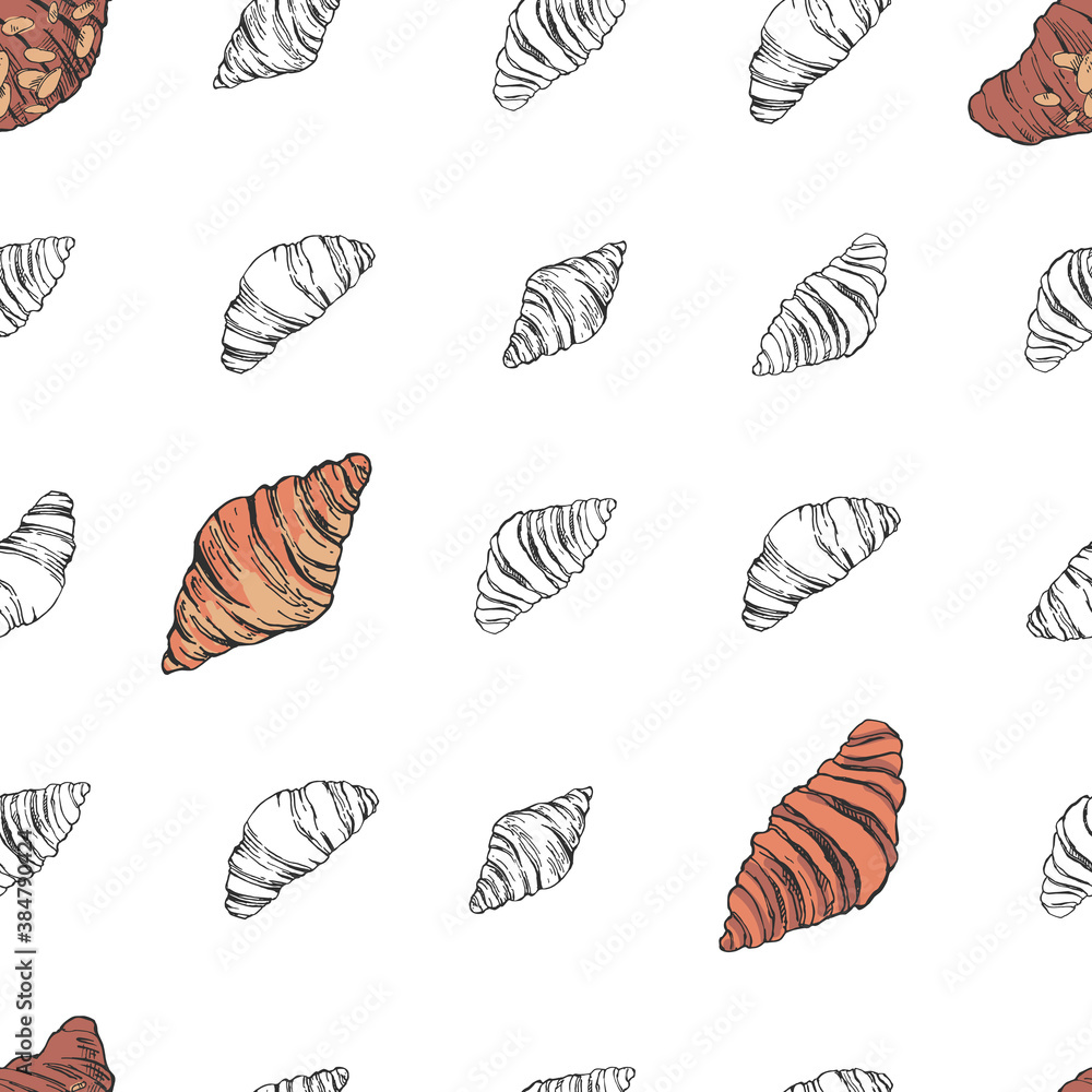 Fototapeta premium Seamless hand drawn vector pattern.Croissants illustartion background for packaging, wrapping, wallpaper