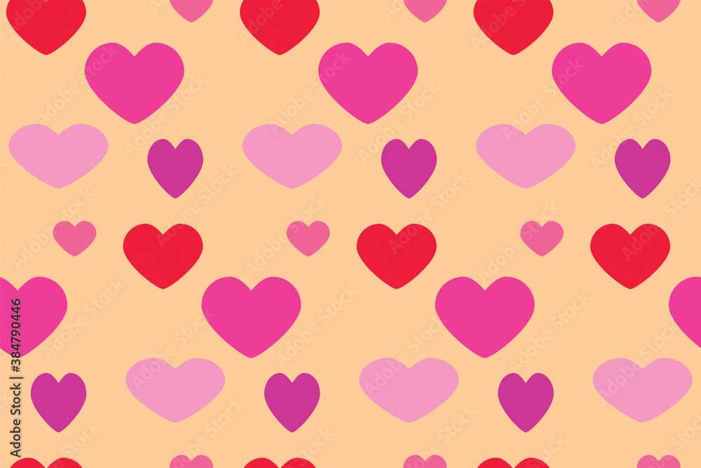 Seamless pattern with pink hearts on light creamy board. Love concept. Design for packaging and backgrounds. Valentine's day spirit. Print for textile, clothes and design. Jpg file