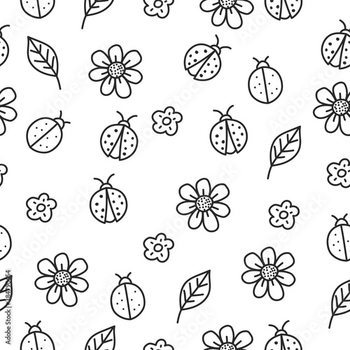 Cute ladybug and flowers seamless pattern with doodle style suitable for background or textile