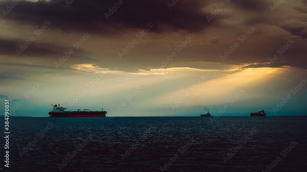 oil tanker at sunset,Thessaloniki,Greece