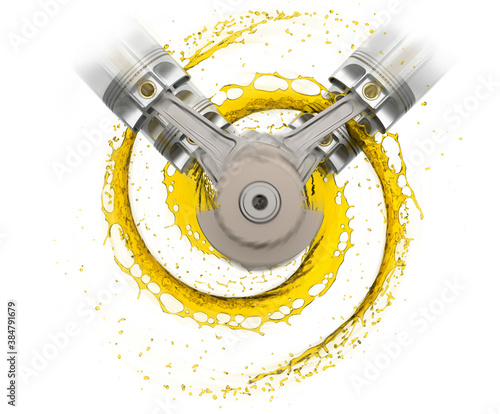 3d illustration of car engine with lubricant oil. Car engine components in motion with splashes of oil on white background. Engine oil concept.