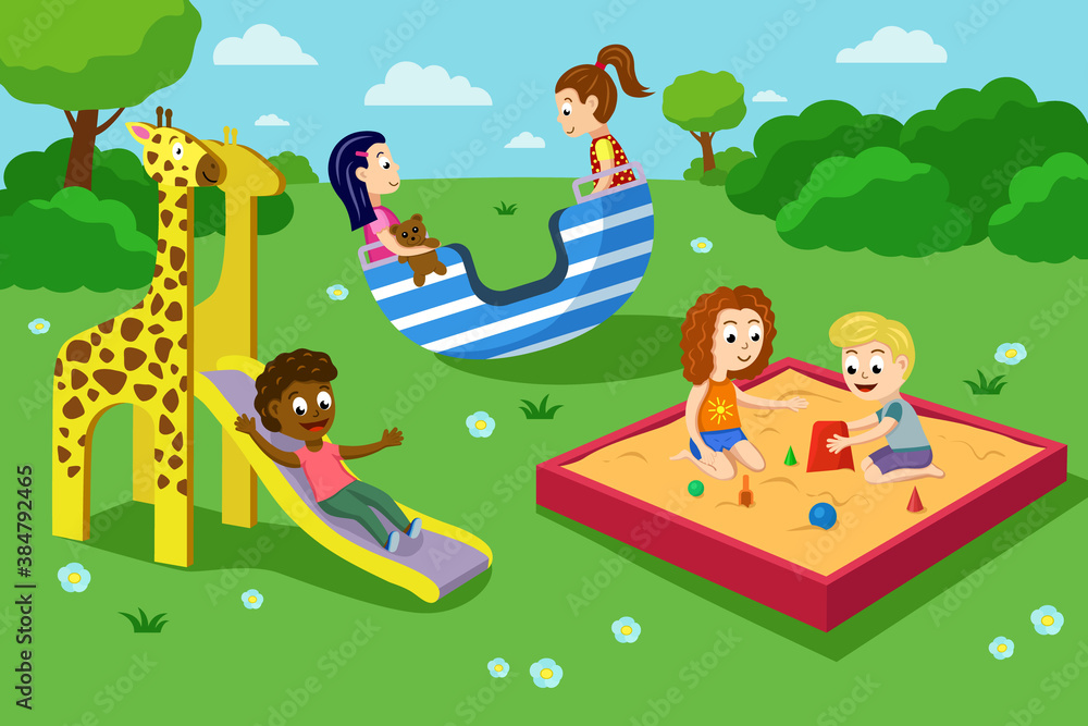 Fototapeta premium Kids, boys and girls play on the playground. Children play in the park. Cartoon flat vector illustration.