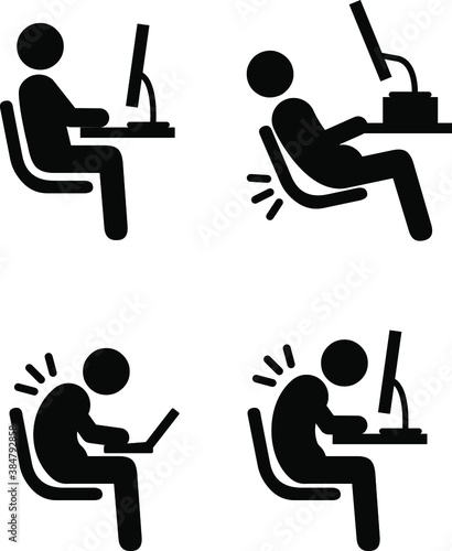 People icons: a variety of common accidents. Fall, trip, slip, hit head, back strain, back ache, electric shock, machinery.
