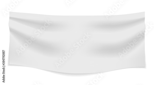 White textile banner with folds. Fabric empty horizontal blank poster. Vector realistic nylon or vinyl flag mockup