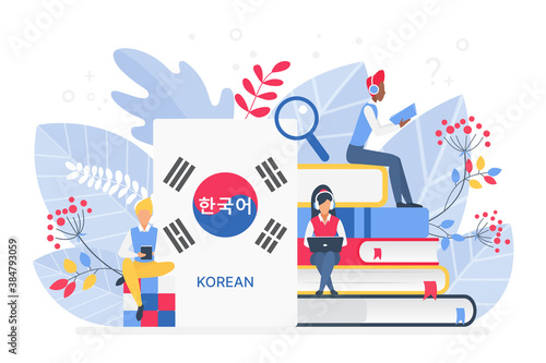 People learning Korean language vector illustration. Korea Distance education, online learning courses concept. Students reading books cartoon characters. Teaching foreign languages