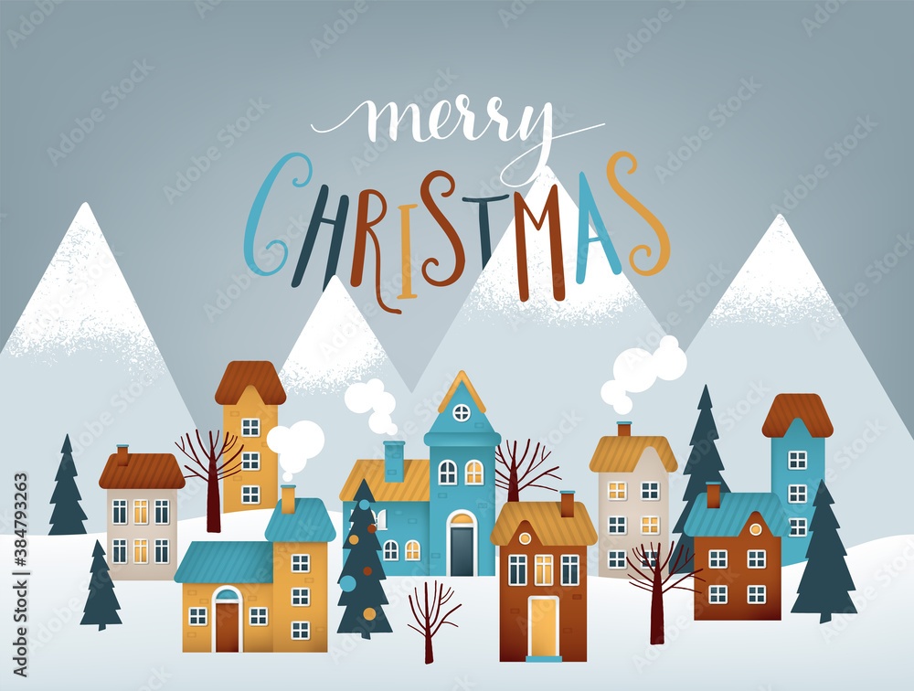 Snow covered little town. Merry Christmas vector illustration.