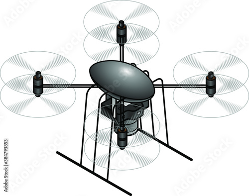 A toy remote control octocopter surveillance drone, with am SLR camera. Shown with spinning propellers. photo