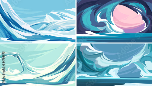 Collection of icy landscapes. North pole sceneries.