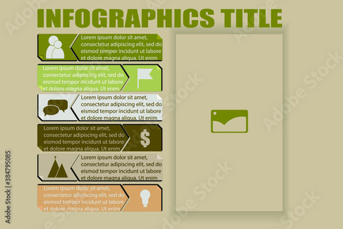 vector infographic template in green shades with rectangular blocks for text info, icons and numerical data