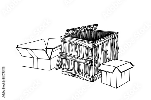 set of packing boxes, home relocation service, tare, protection during transportation of fragile goods, vector illustration with black ink lines isolated on a white background in a hand drawn style