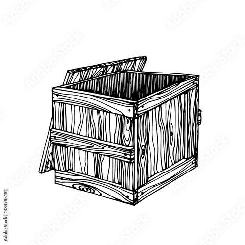 packaging box made of wooden boards, tare, protection during transportation of fragile goods, vector illustration with black ink lines isolated on a white background in a doodle & hand drawn style