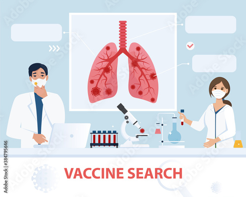 Vaccine search concept. Scientists are researching a new virus, looking for antivirus and drugs in the laboratory. Vector illustration in flat style