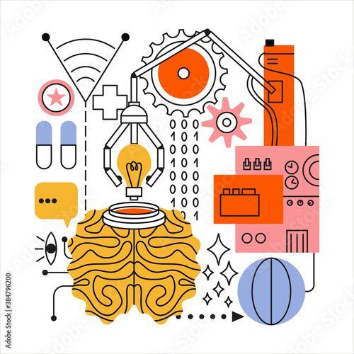 Concept art of innovative technologies in the field of medicine. The brain into which mechanized robot inserts light bulb. Vector flat design. Line art