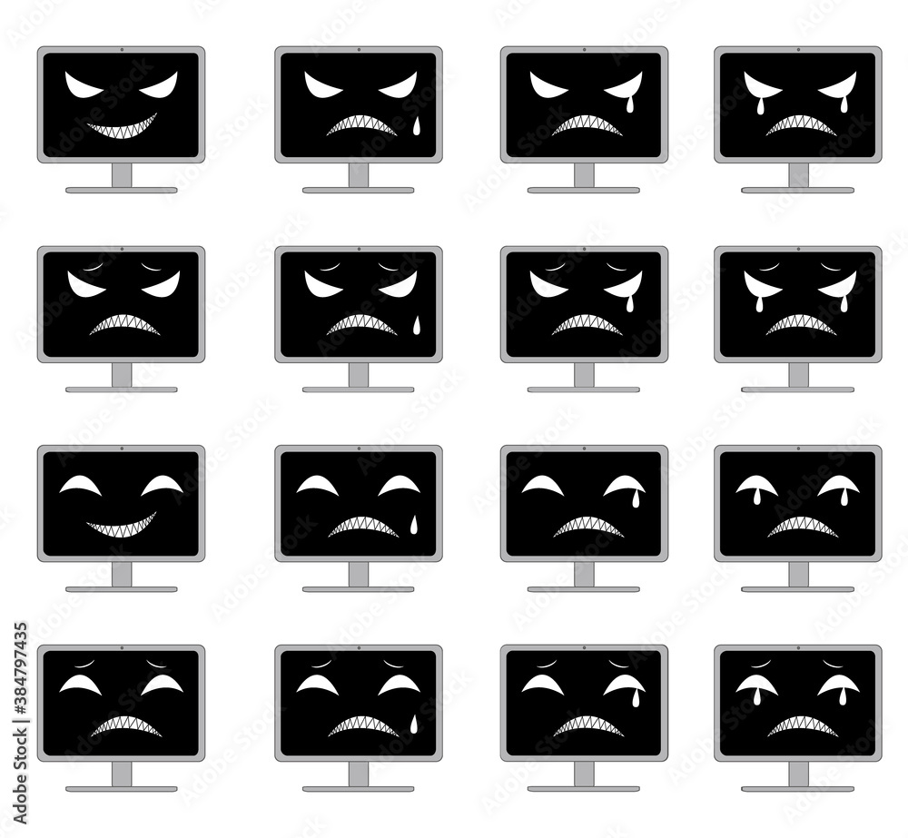 怖い表情の顔つきの黒い画面のパソコンの素材セット Stock Vector Adobe Stock