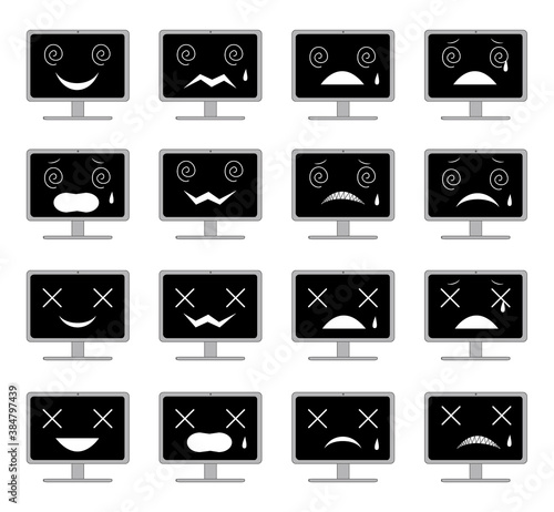 怖い表情の顔つきの黒い画面のパソコンの素材セット