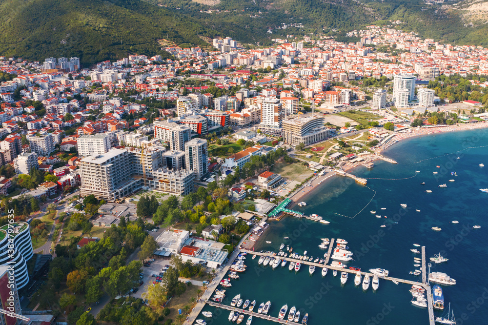 Budva. Montenegro. City, port, sea and beach views. View from above.
