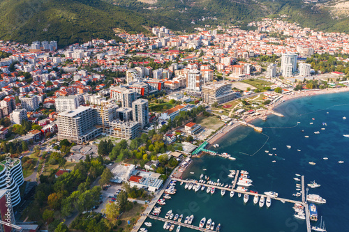 Budva. Montenegro. City, port, sea and beach views. View from above.