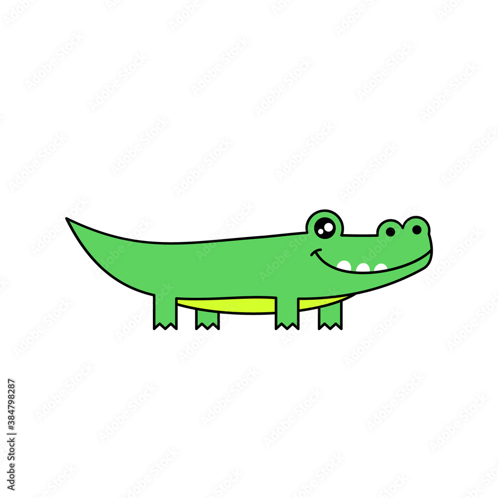 Cute crocodile drawing. Funny cartoon character with black outline. Big