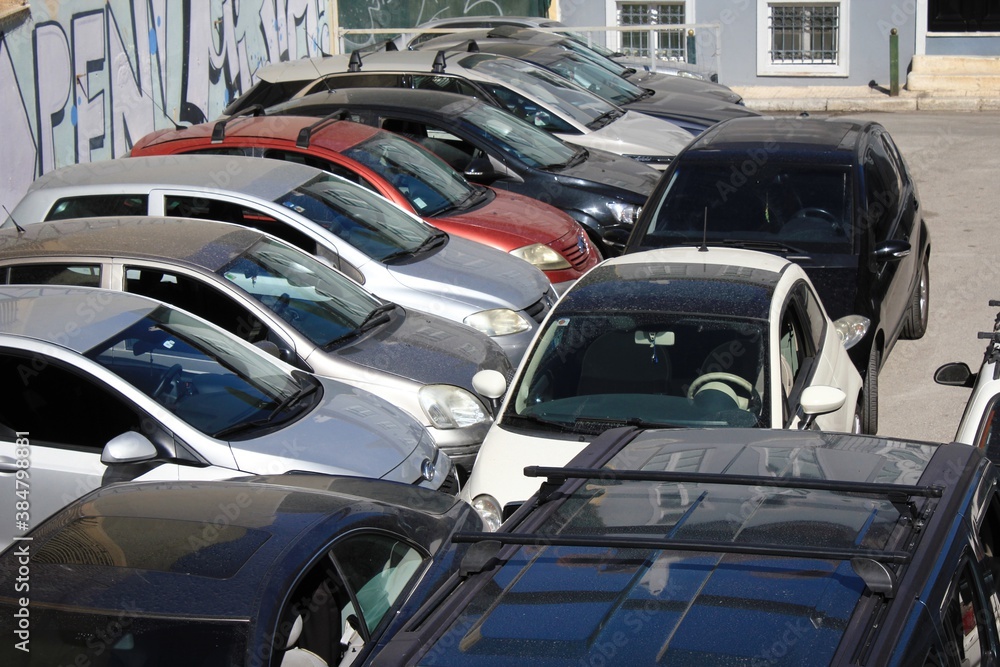 Cars at parking area in Athens, Greece, October 9 2020.