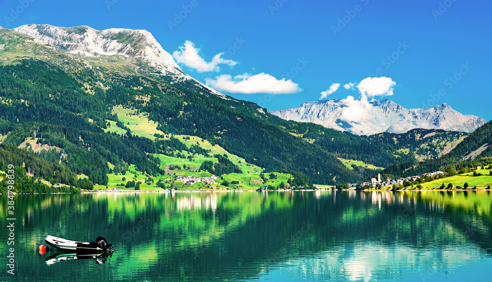 Reschensee, an artificial lake in South Tyrol, the Italian Alps