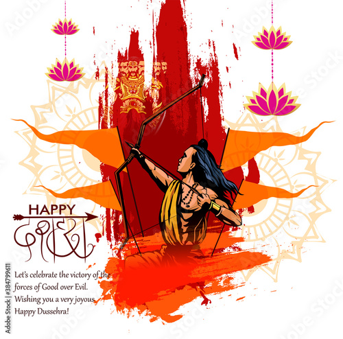 Greeting card of happy dusshera with bow and illustration of Lord Rama killing Ravana in Navratri festival of India(Hindu holiday Vijayadashami). Vector illustration.