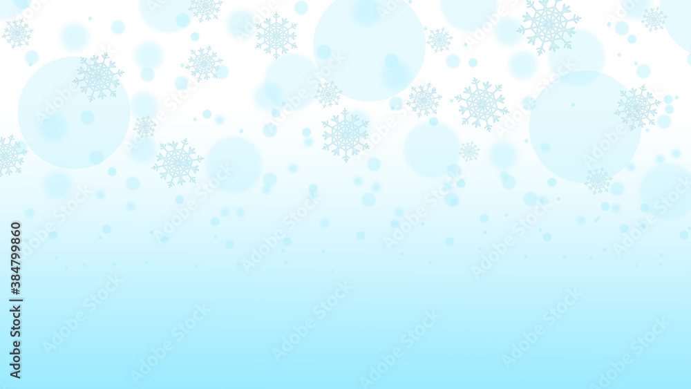 The circle bokeh and snowflake on the blue and white gradient background. Abstract winter holiday snow background.