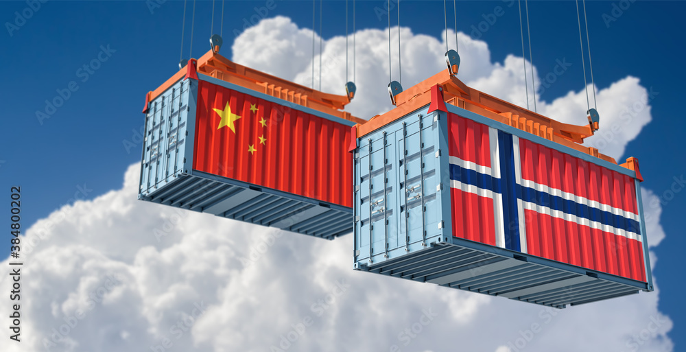 Freight containers with Norway and China national flags. 3D Rendering