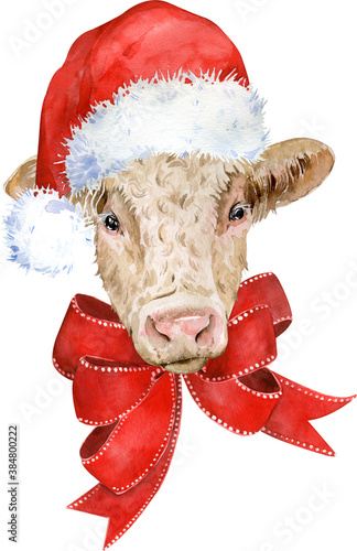 Cute brown cow with red bow and Christmas Santa's hat. Watercolor illustration.