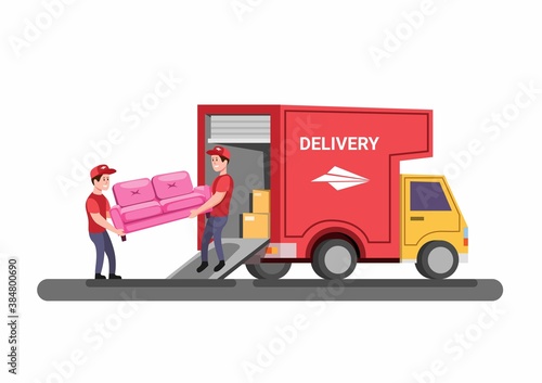 sofa delivery or moving van furniture service concept in flat cartoon illustration vector on white background