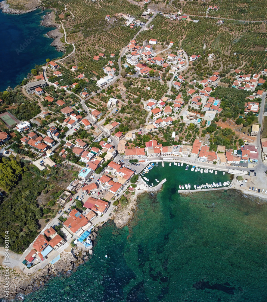 Aerial view of Aghios Nikolaos fish village and harbor in Mani, Greece