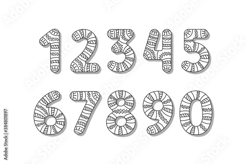 Set of cute funny black and white numbers, fancy hand drawn figures