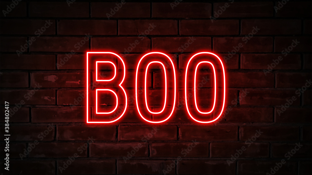 Obraz premium Boo - red neon light word on brick wall background